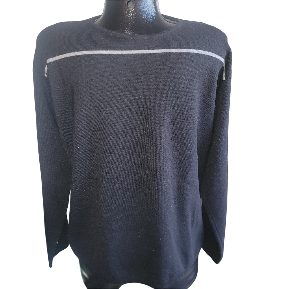 Harry Rosen Black Merino Wool Blend Sweater with Gray Stripe Size M